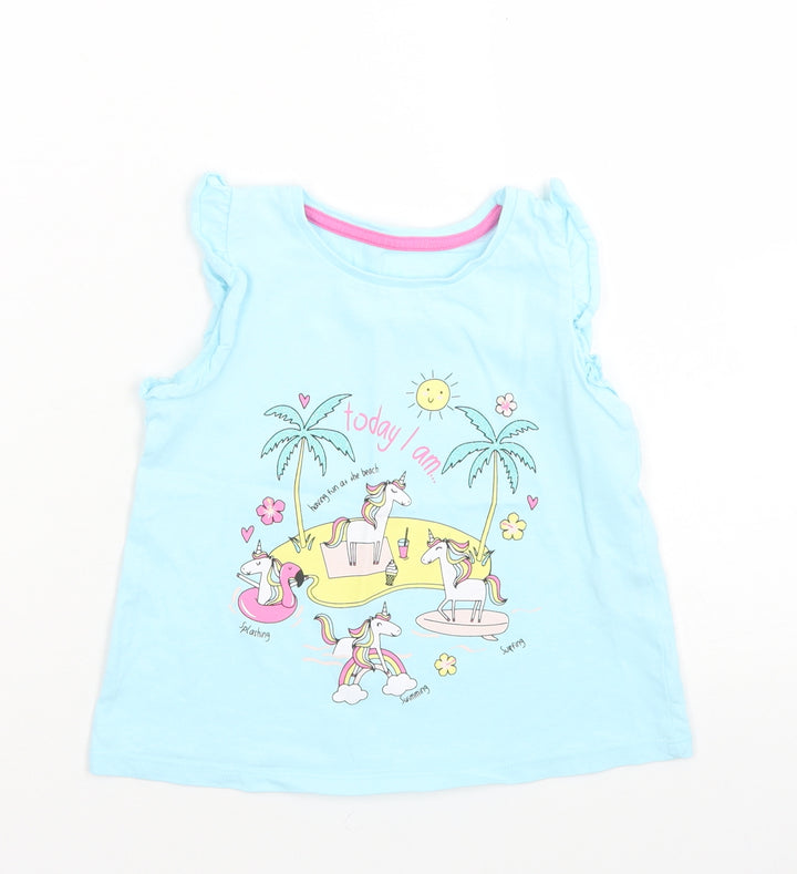 Matalan Girls Blue  Cotton Basic T-Shirt Size 3-4 Years Crew Neck  - Unicorn Beach