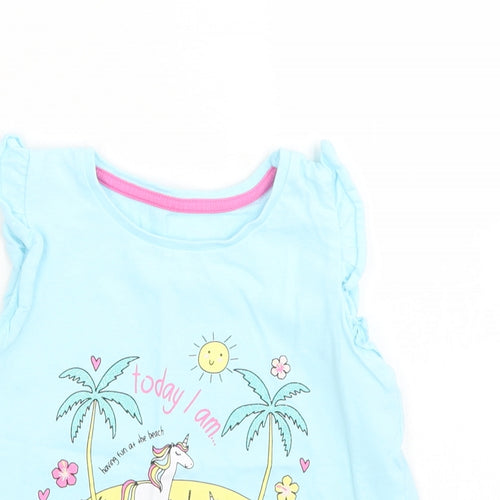 Matalan Girls Blue  Cotton Basic T-Shirt Size 3-4 Years Crew Neck  - Unicorn Beach