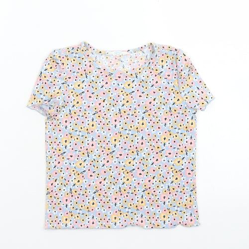 Primark Girls Blue Floral Polyester Basic T-Shirt Size 3-4 Years Crew Neck  - Lettuce Edging