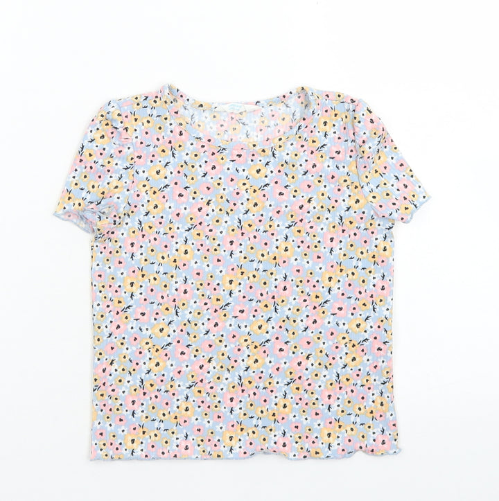 Primark Girls Blue Floral Polyester Basic T-Shirt Size 3-4 Years Crew Neck - Lettuce Edging