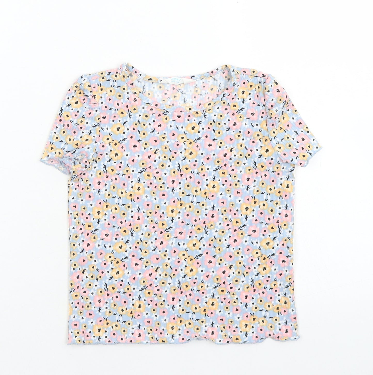 Primark Girls Blue Floral Polyester Basic T-Shirt Size 3-4 Years Crew Neck  - Lettuce Edging