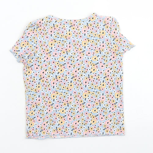 Primark Girls Blue Floral Polyester Basic T-Shirt Size 3-4 Years Crew Neck  - Lettuce Edging