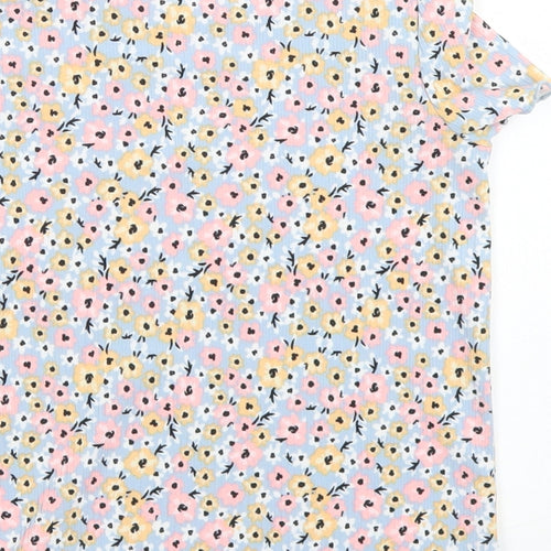 Primark Girls Blue Floral Polyester Basic T-Shirt Size 3-4 Years Crew Neck  - Lettuce Edging