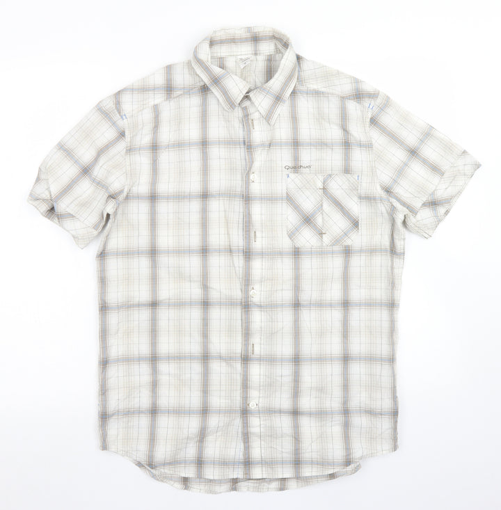 Quechua Mens Ivory Plaid Cotton Button-Up Size M Collared Button