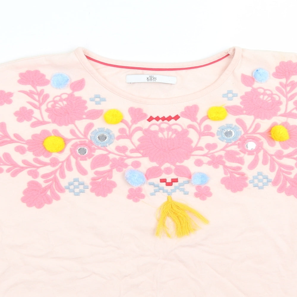 M&S Girls Pink  Cotton Basic T-Shirt Size 10-11 Years Crew Neck