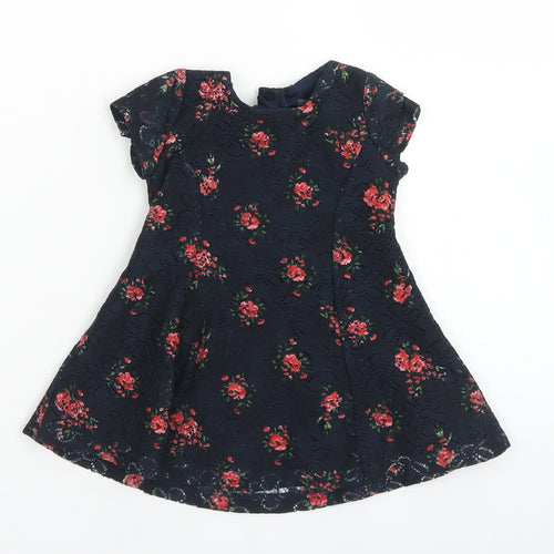 Primark Girls Blue Floral Polyester Fit & Flare  Size 3-6 Months  Crew Neck Button