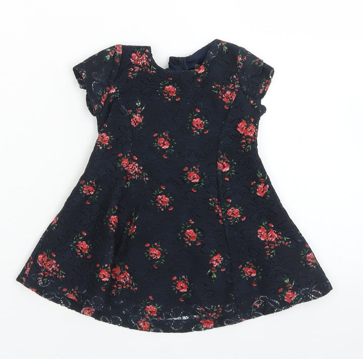 Primark Girls Blue Floral Polyester Fit & Flare Size 3-6 Months Crew Neck Button