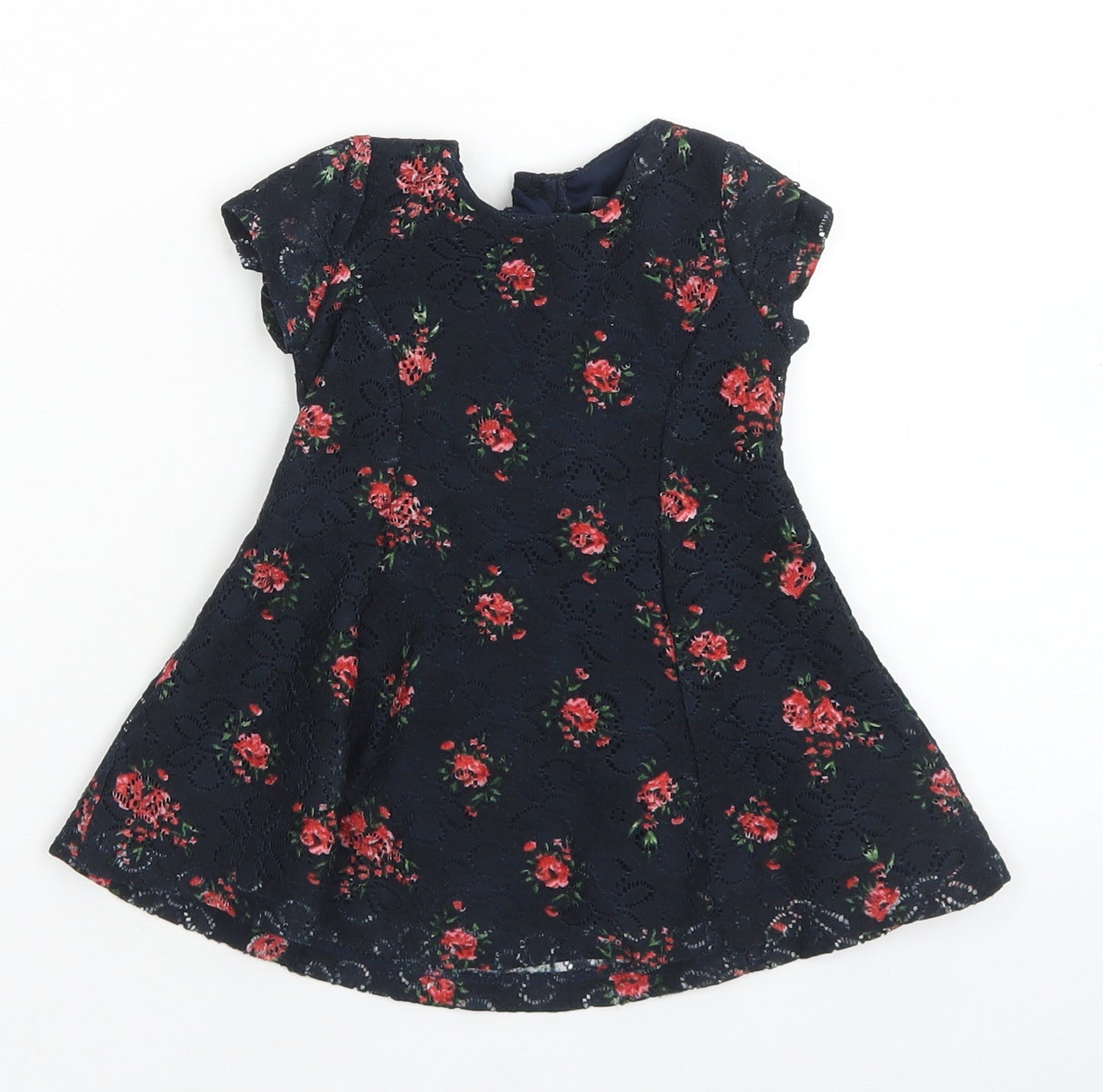 Primark Girls Blue Floral Polyester Fit & Flare  Size 3-6 Months  Crew Neck Button