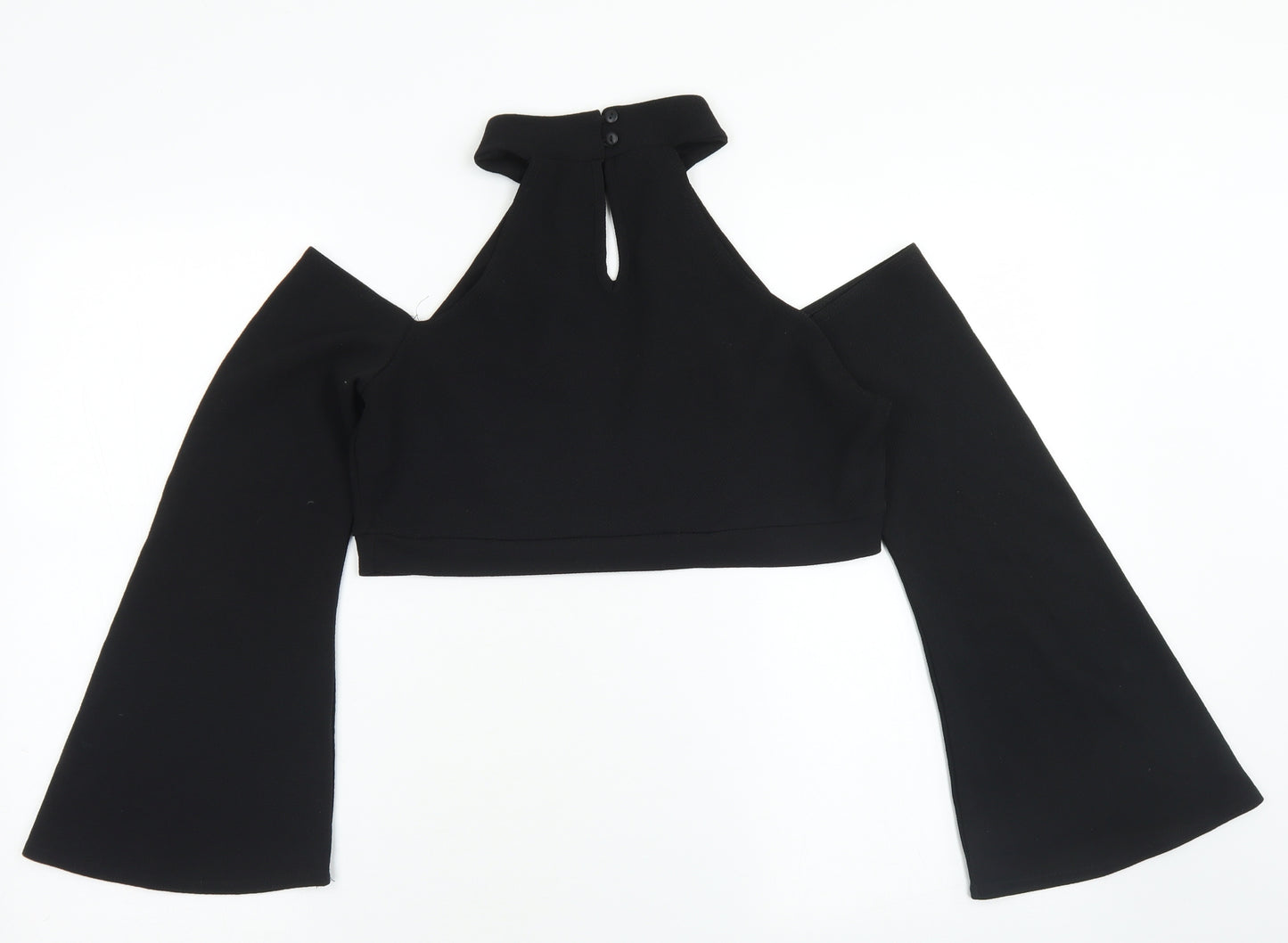 Boohoo Womens Black  Polyester Cropped Blouse Size 14 Crew Neck - Flare Sleeve