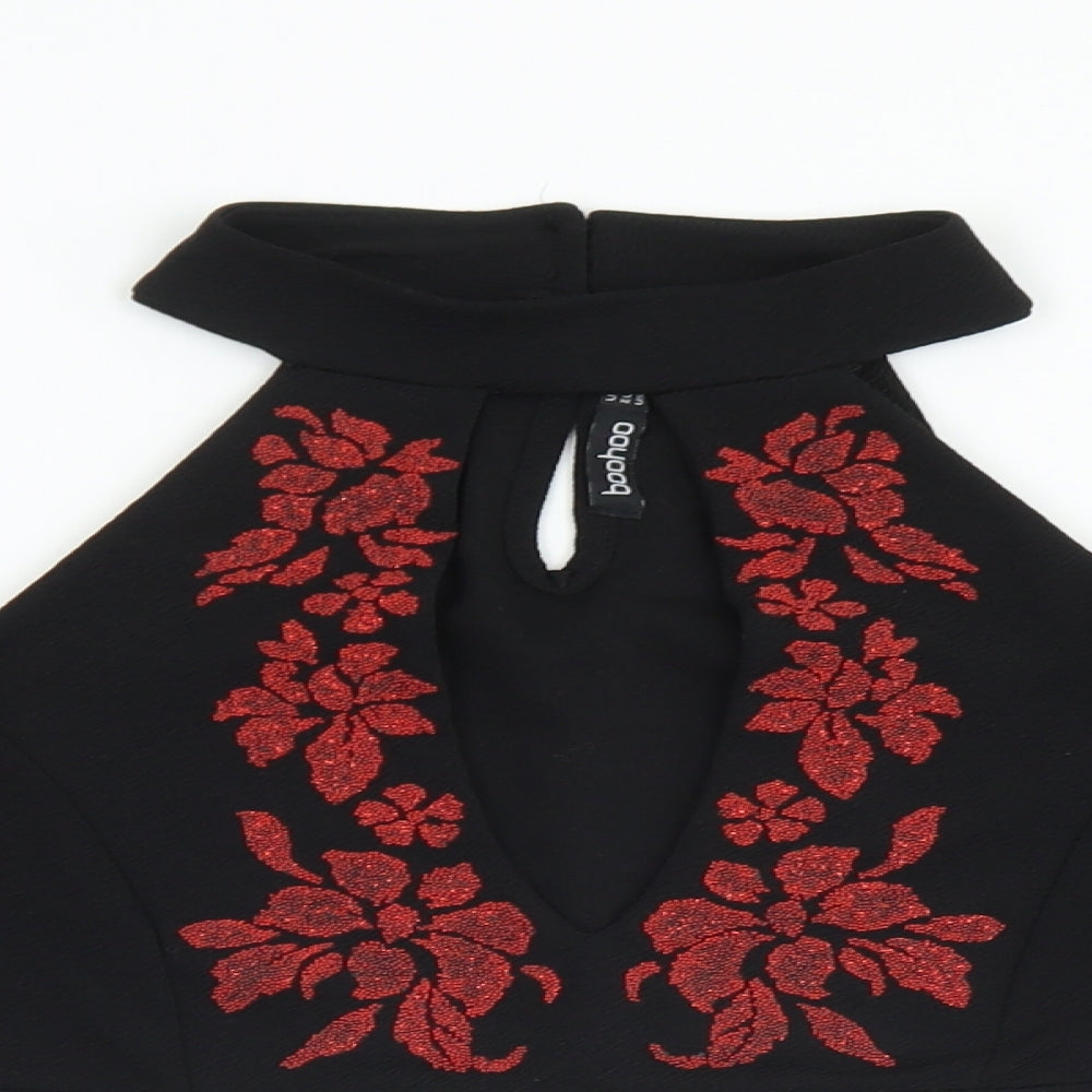Boohoo Womens Black  Polyester Cropped Blouse Size 14 Crew Neck - Flare Sleeve