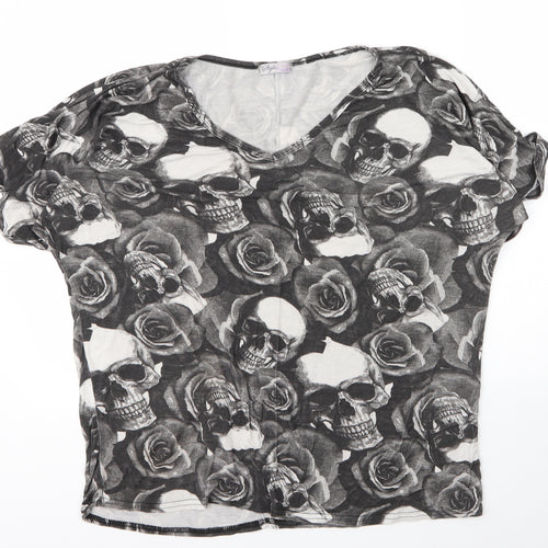 Style Plus Womens Grey Floral Viscose Basic T-Shirt Size L V-Neck - Skulls