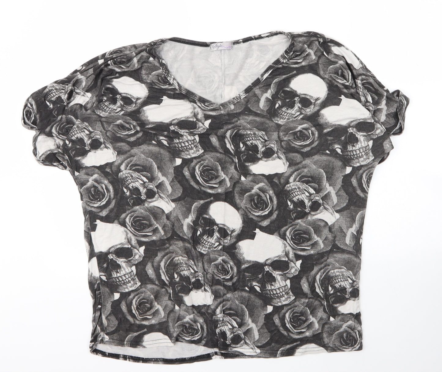 Style Plus Womens Grey Floral Viscose Basic T-Shirt Size L V-Neck - Skulls