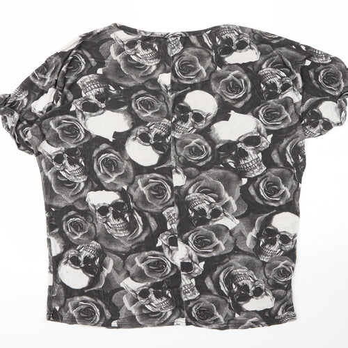 Style Plus Womens Grey Floral Viscose Basic T-Shirt Size L V-Neck - Skulls