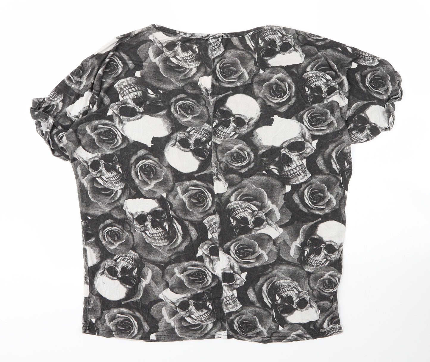 Style Plus Womens Grey Floral Viscose Basic T-Shirt Size L V-Neck - Skulls