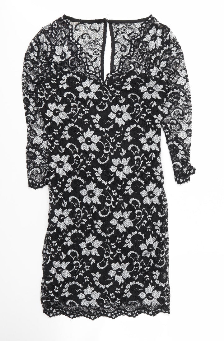 Lipsy Womens Black Floral Viscose Shift  Size 12  V-Neck Button