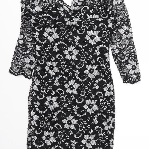 Lipsy Womens Black Floral Viscose Shift  Size 12  V-Neck Button