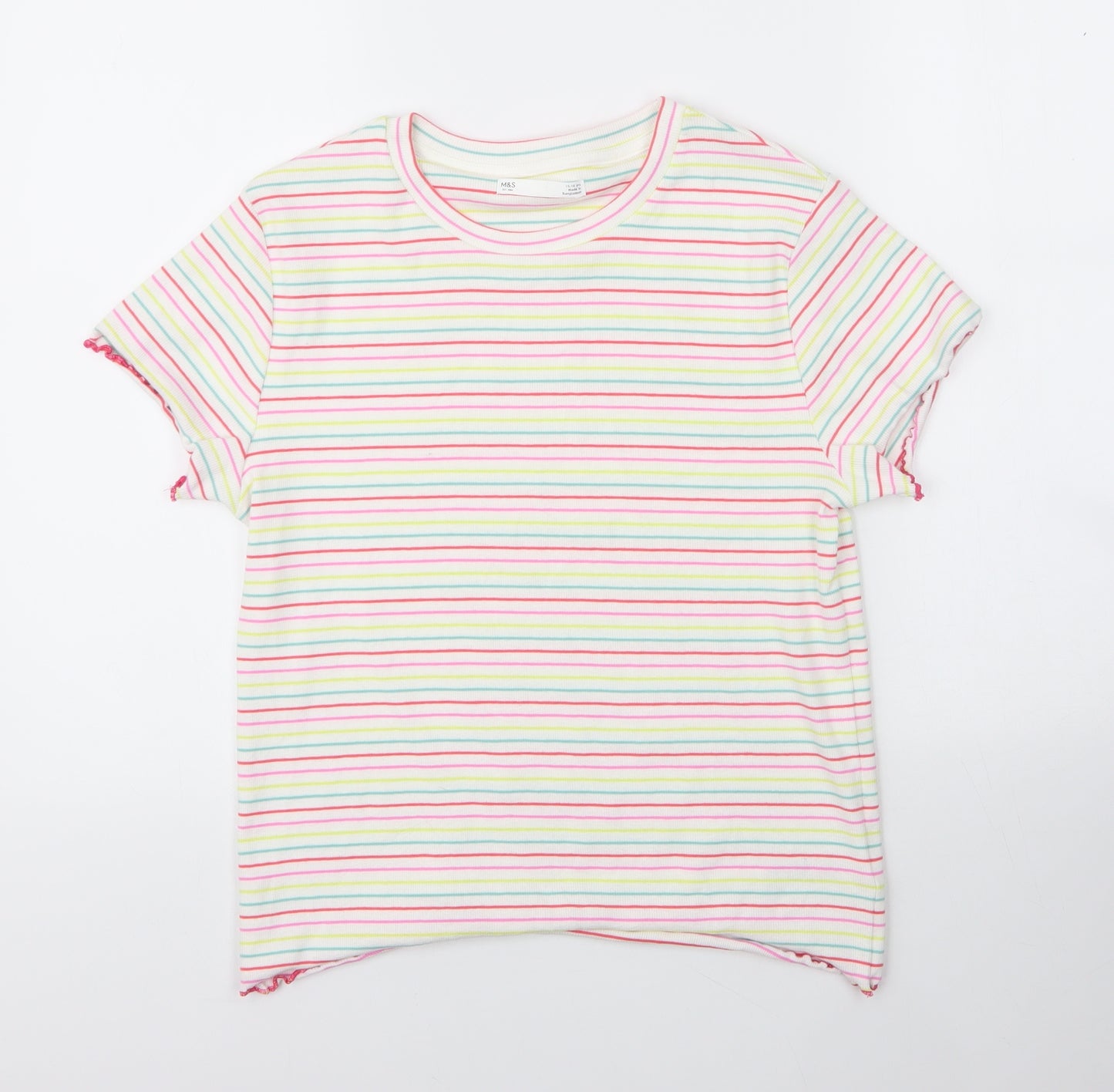 M&S Girls Yellow Striped Cotton Basic T-Shirt Size 15 Years Round Neck