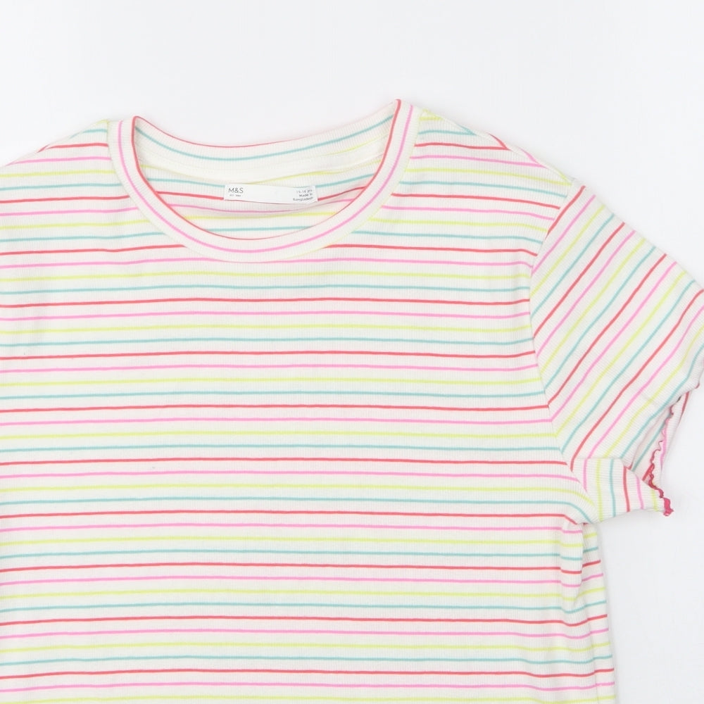 M&S Girls Yellow Striped Cotton Basic T-Shirt Size 15 Years Round Neck