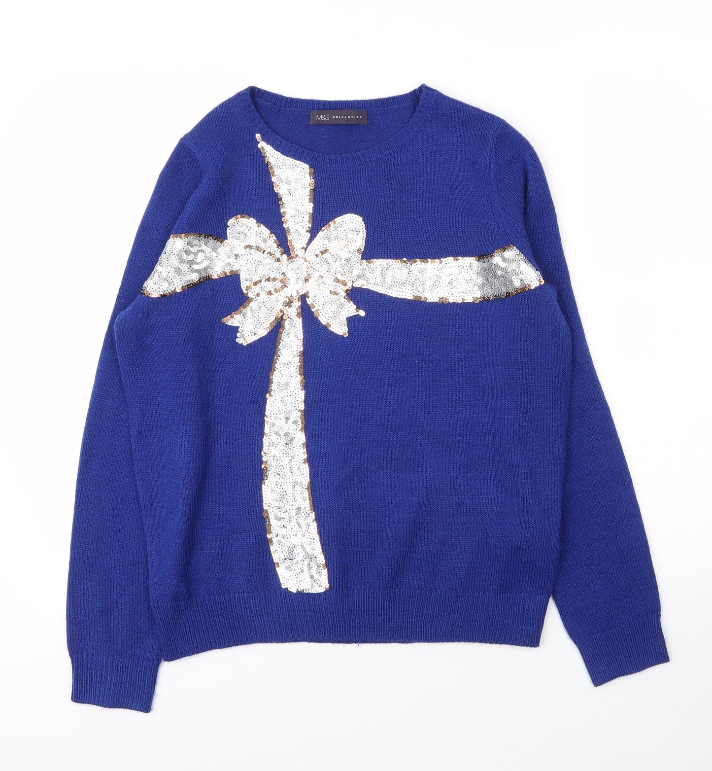 M&S Womens Blue Round Neck  Acrylic Pullover Jumper Size 10   - Christmas
