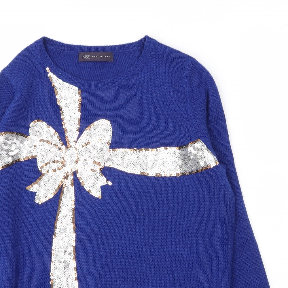 M&S Womens Blue Round Neck  Acrylic Pullover Jumper Size 10   - Christmas