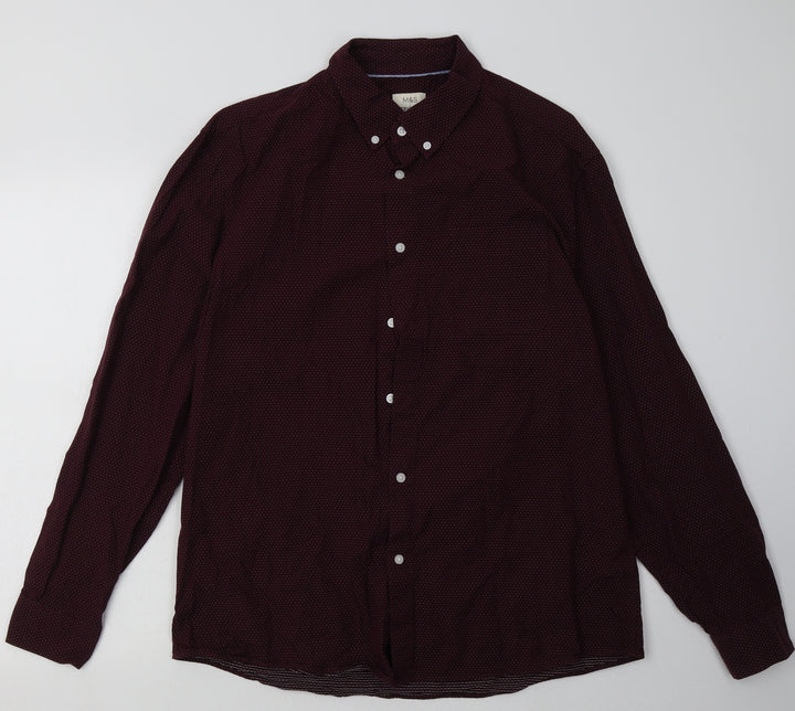 Marks and Spencer Mens Red Polka Dot Cotton Button-Up Size L Collared Button