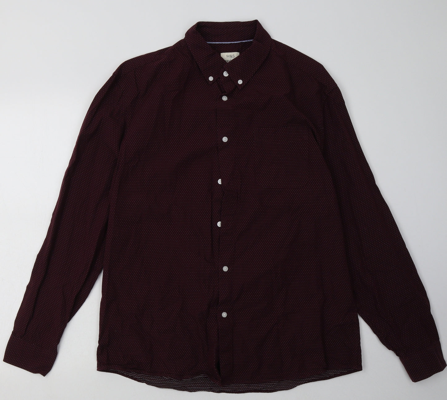 Marks and Spencer Mens Red Polka Dot Cotton  Button-Up Size L Collared Button