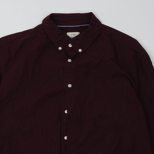 Marks and Spencer Mens Red Polka Dot Cotton  Button-Up Size L Collared Button