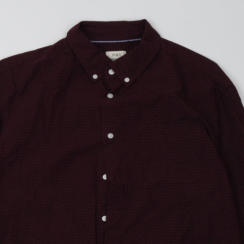 Marks and Spencer Mens Red Polka Dot Cotton  Button-Up Size L Collared Button