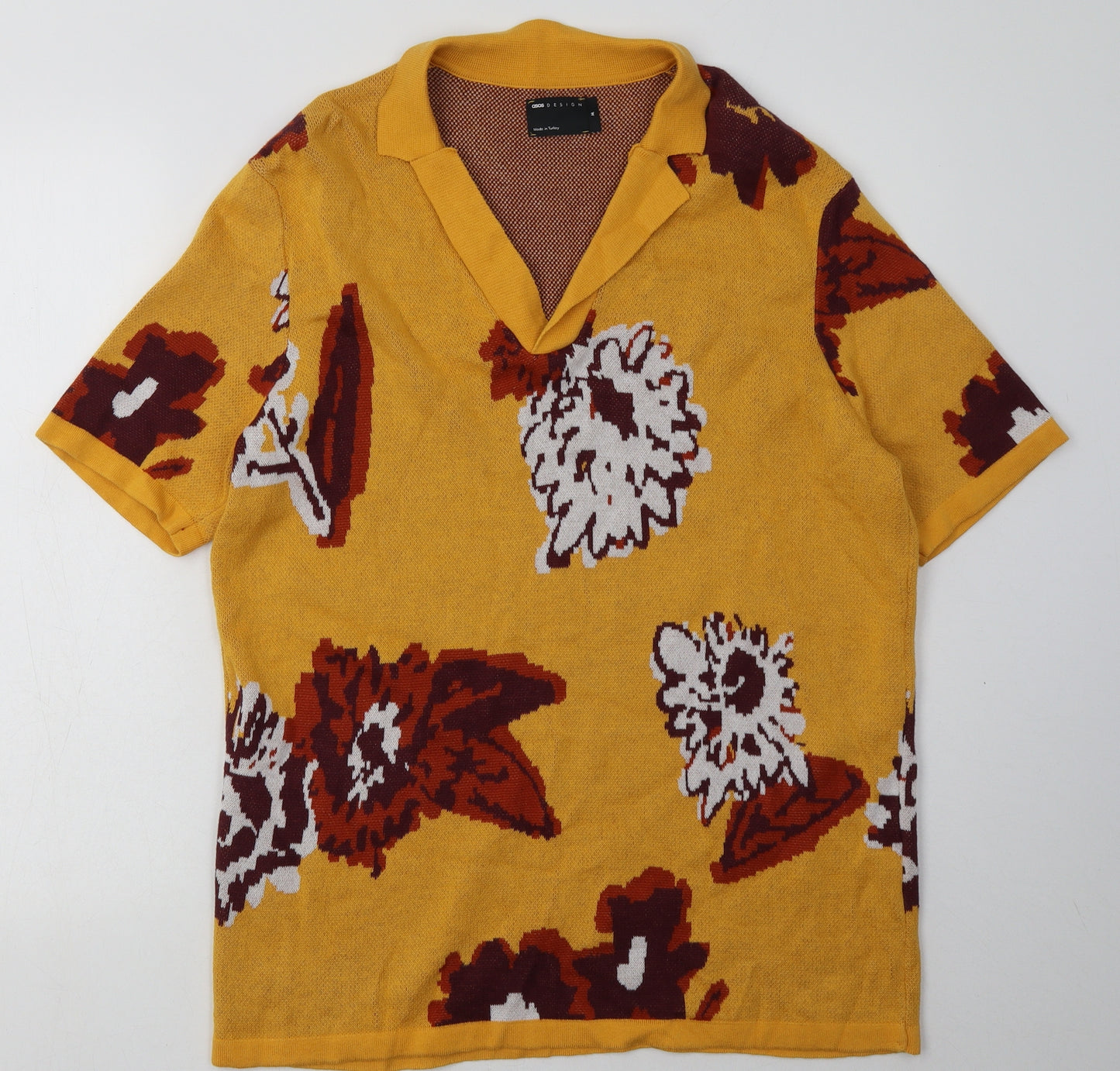 ASOS Mens Yellow Floral Cotton  Button-Up Size M Collared Push Lock
