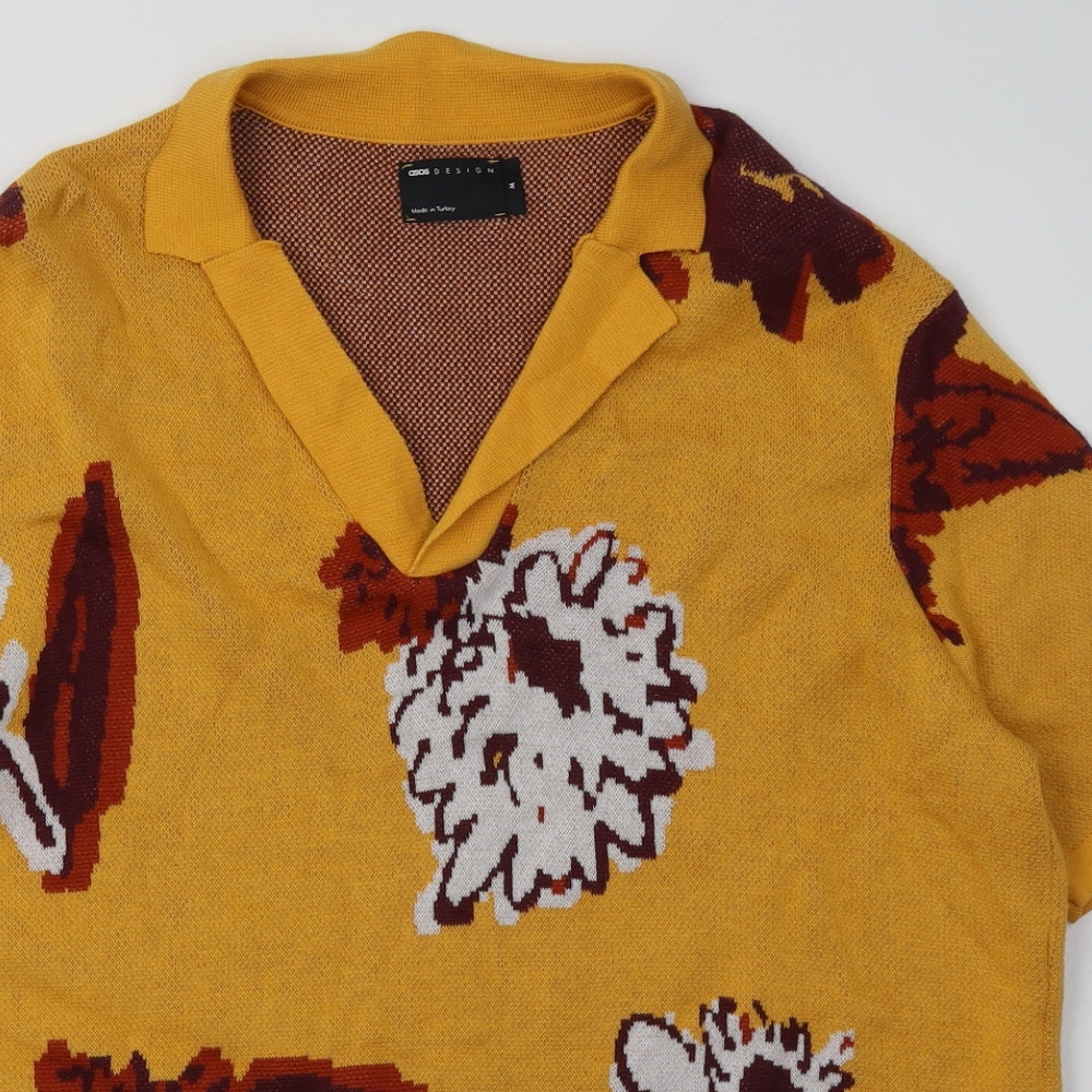 ASOS Mens Yellow Floral Cotton  Button-Up Size M Collared Push Lock