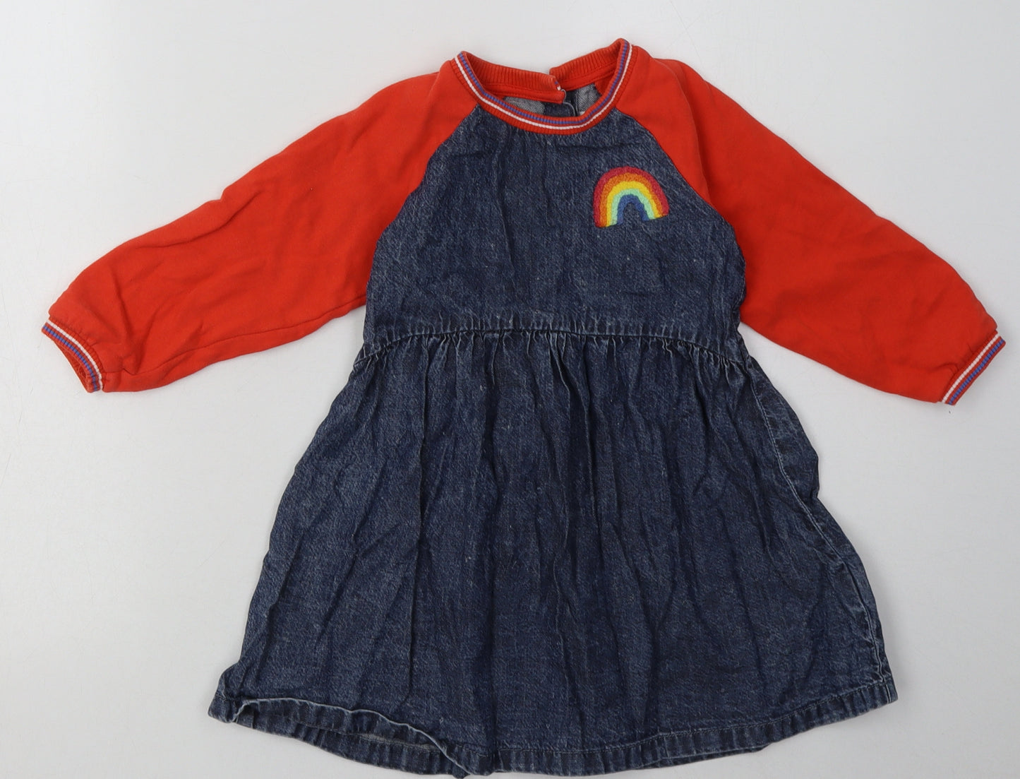 NEXT Girls Blue  Cotton A-Line  Size 2-3 Years  Crew Neck Button - Rainbow