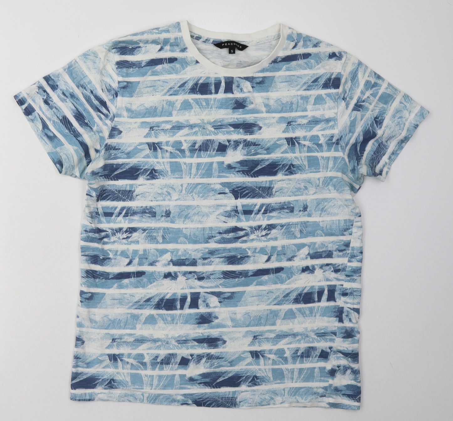 Peacocks Mens Blue Striped Cotton  T-Shirt Size S Crew Neck