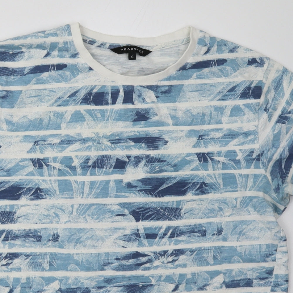 Peacocks Mens Blue Striped Cotton  T-Shirt Size S Crew Neck