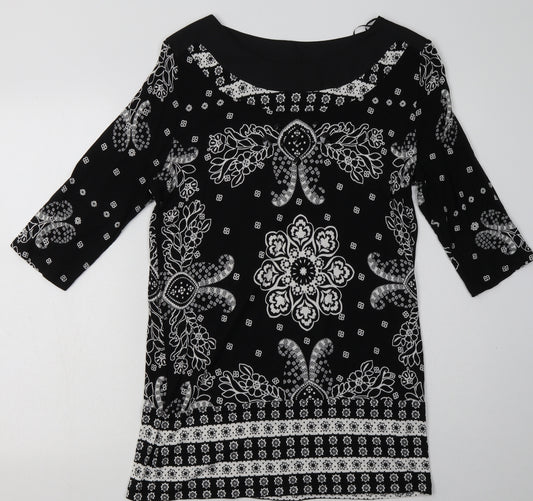 Front view of Next women’s black geometric viscose a-line, size UK 12, boat neck pullover