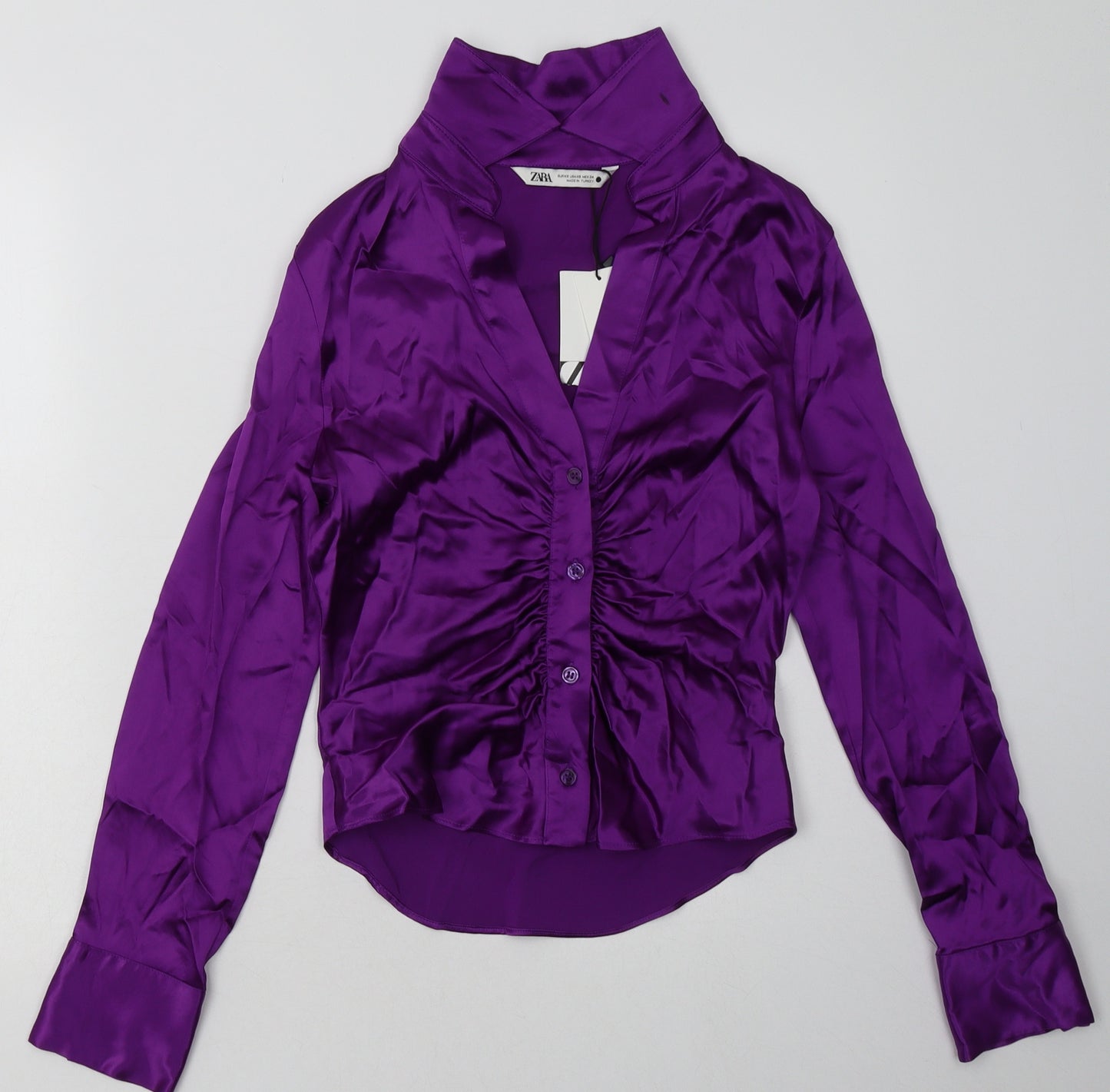 Zara Womens Purple  Polyester Basic Button-Up Size XS Collared
