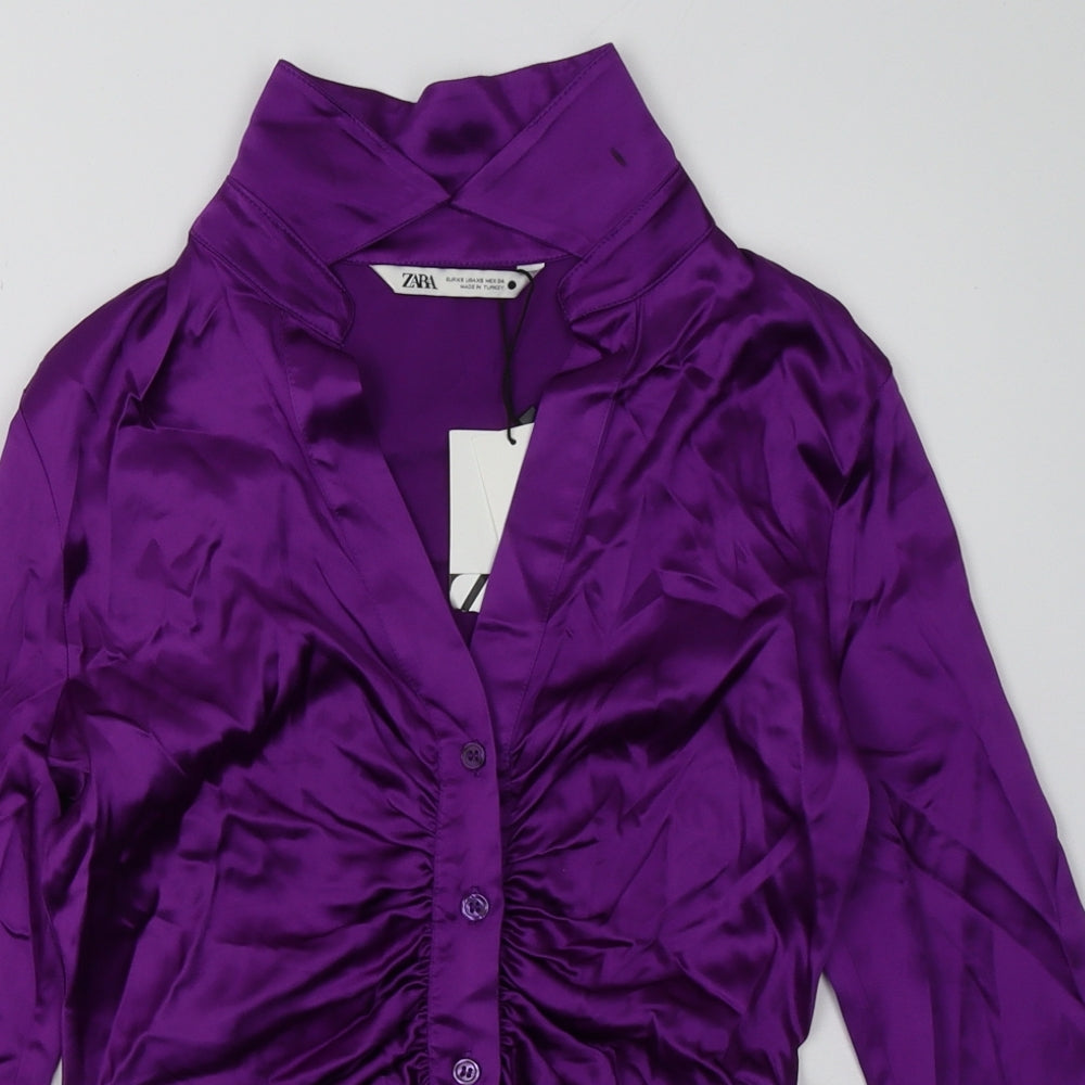 Zara Womens Purple  Polyester Basic Button-Up Size XS Collared