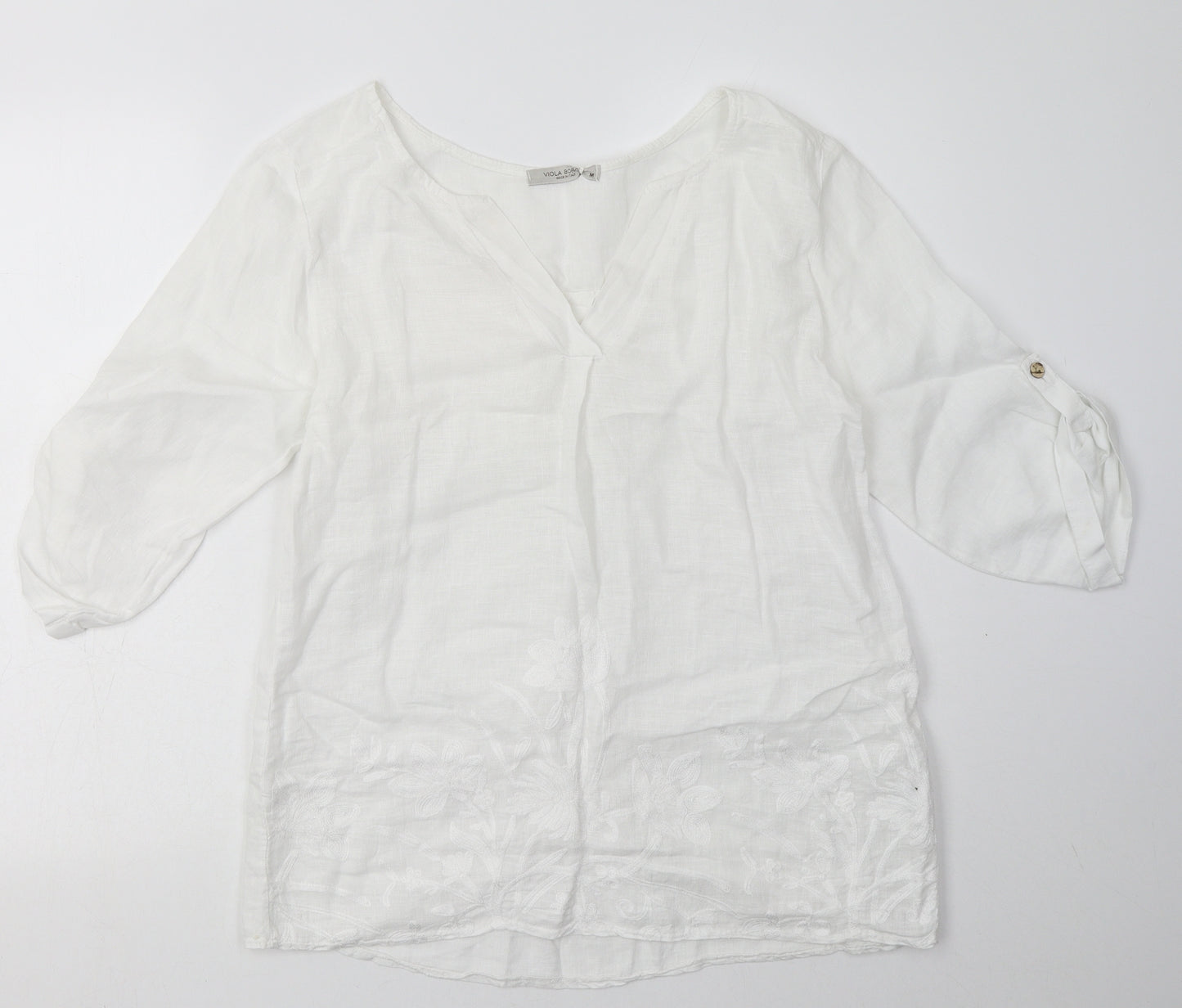 Viola Womens White Geometric Linen Basic Blouse Size M V-Neck