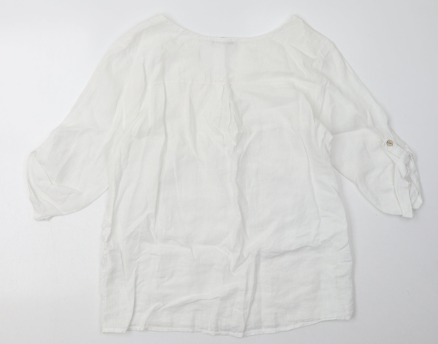 Viola Womens White Geometric Linen Basic Blouse Size M V-Neck