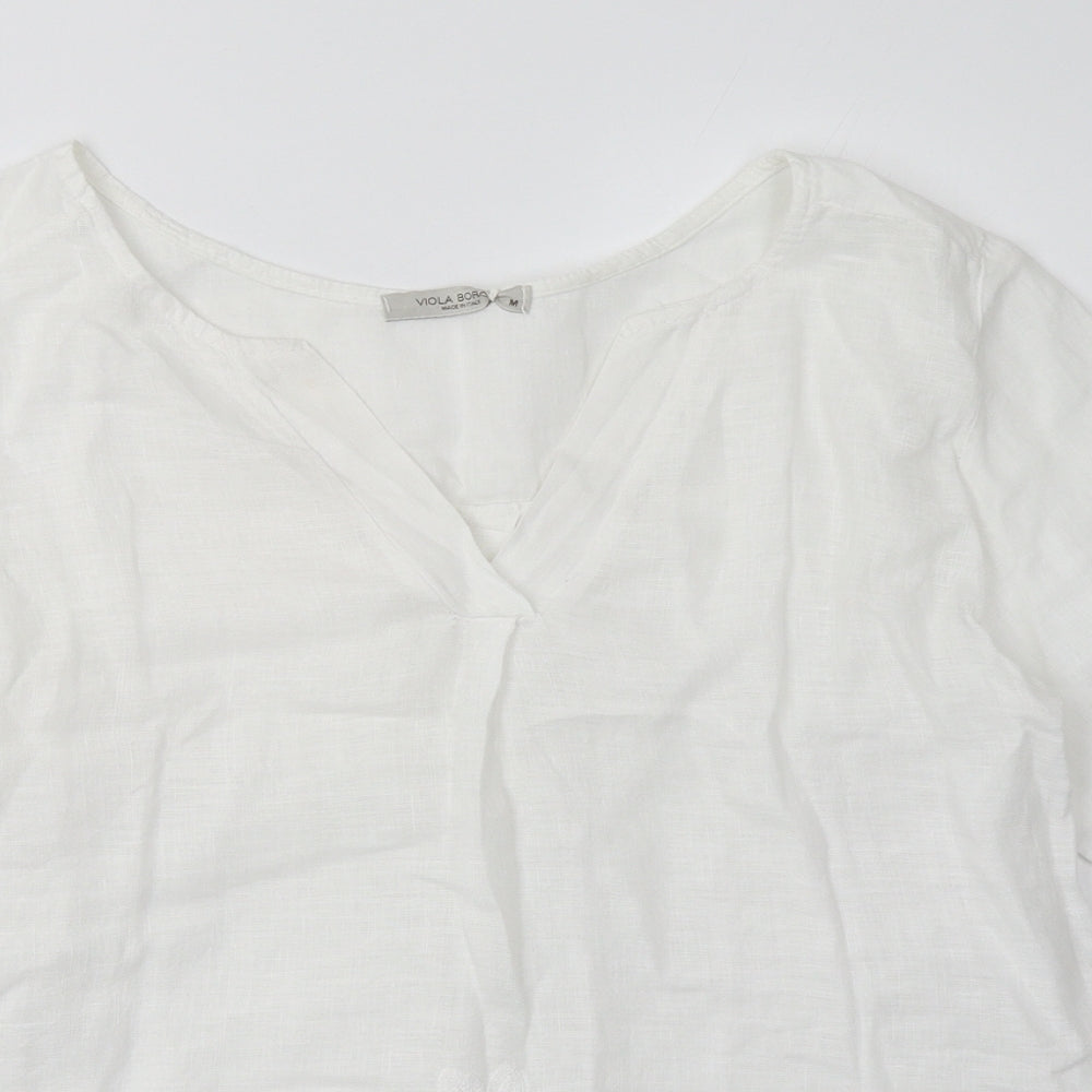 Viola Womens White Geometric Linen Basic Blouse Size M V-Neck