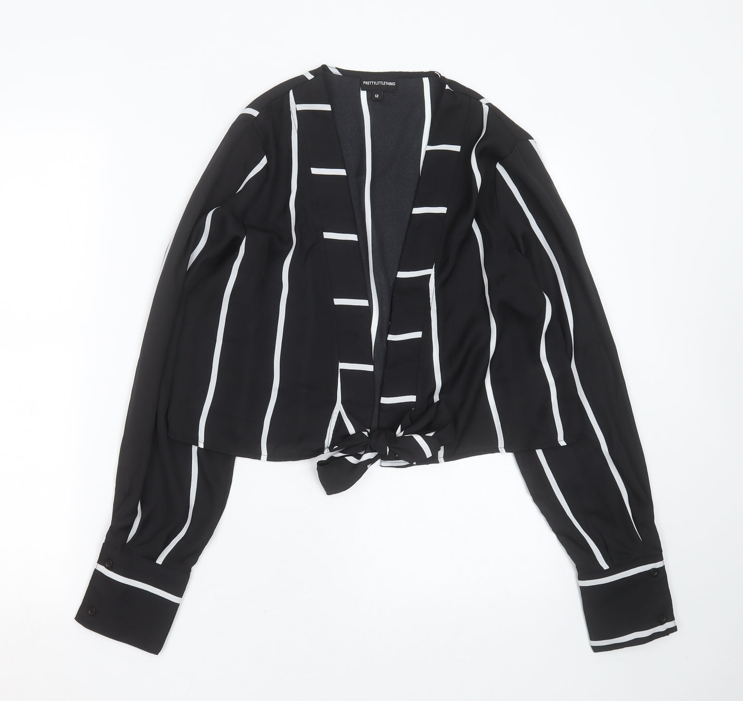 PRETTYLITTLETHING Womens Black Striped Polyester Basic Blouse Size 12 V-Neck
