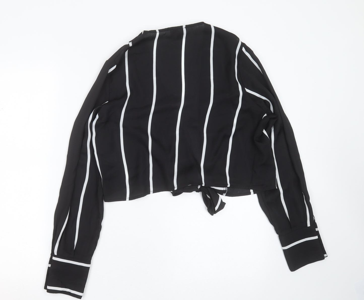 PRETTYLITTLETHING Womens Black Striped Polyester Basic Blouse Size 12 V-Neck
