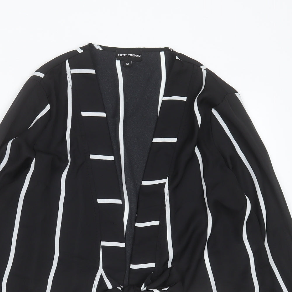 PRETTYLITTLETHING Womens Black Striped Polyester Basic Blouse Size 12 V-Neck