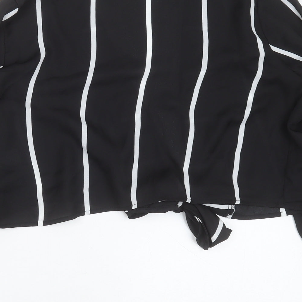 PRETTYLITTLETHING Womens Black Striped Polyester Basic Blouse Size 12 V-Neck