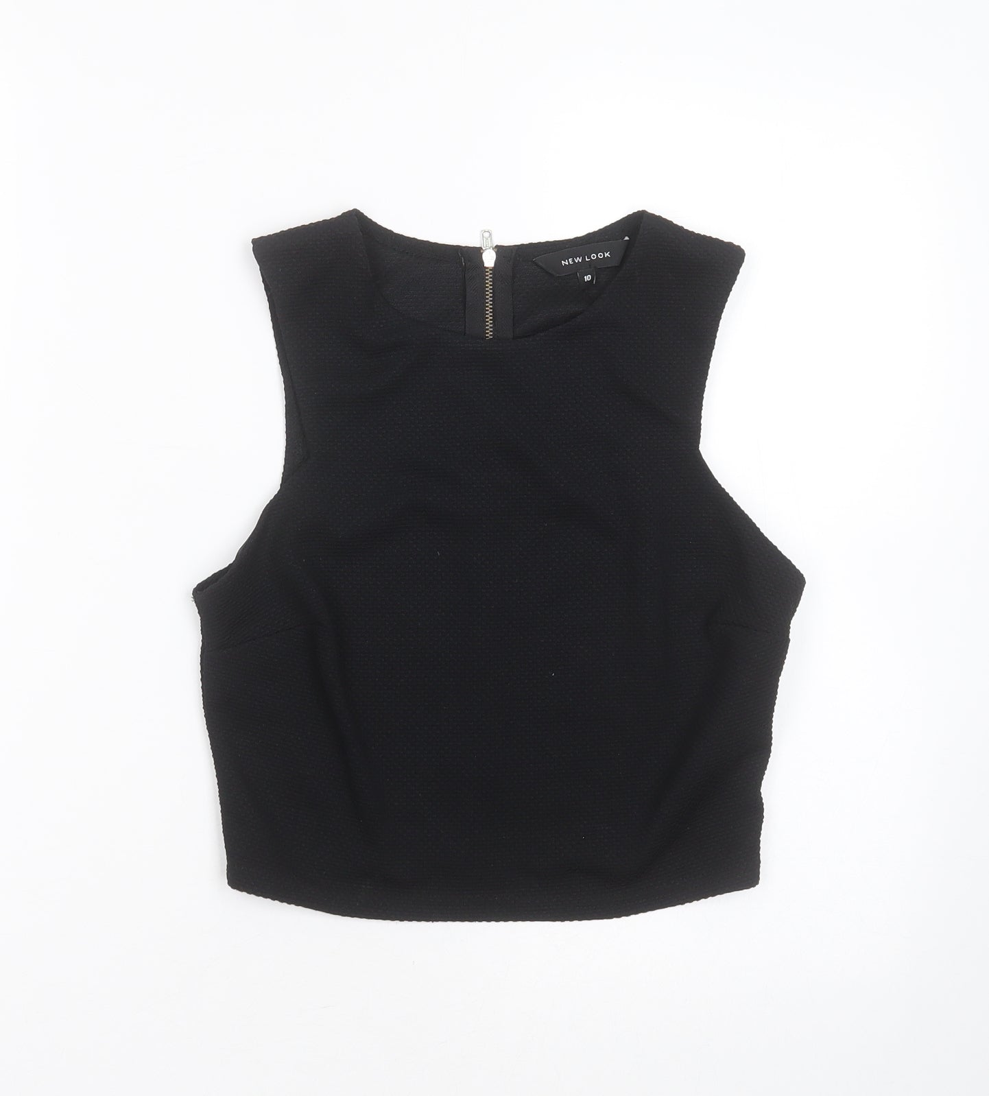 New Look Womens Black Geometric Polyester Cropped T-Shirt Size 10 Round Neck
