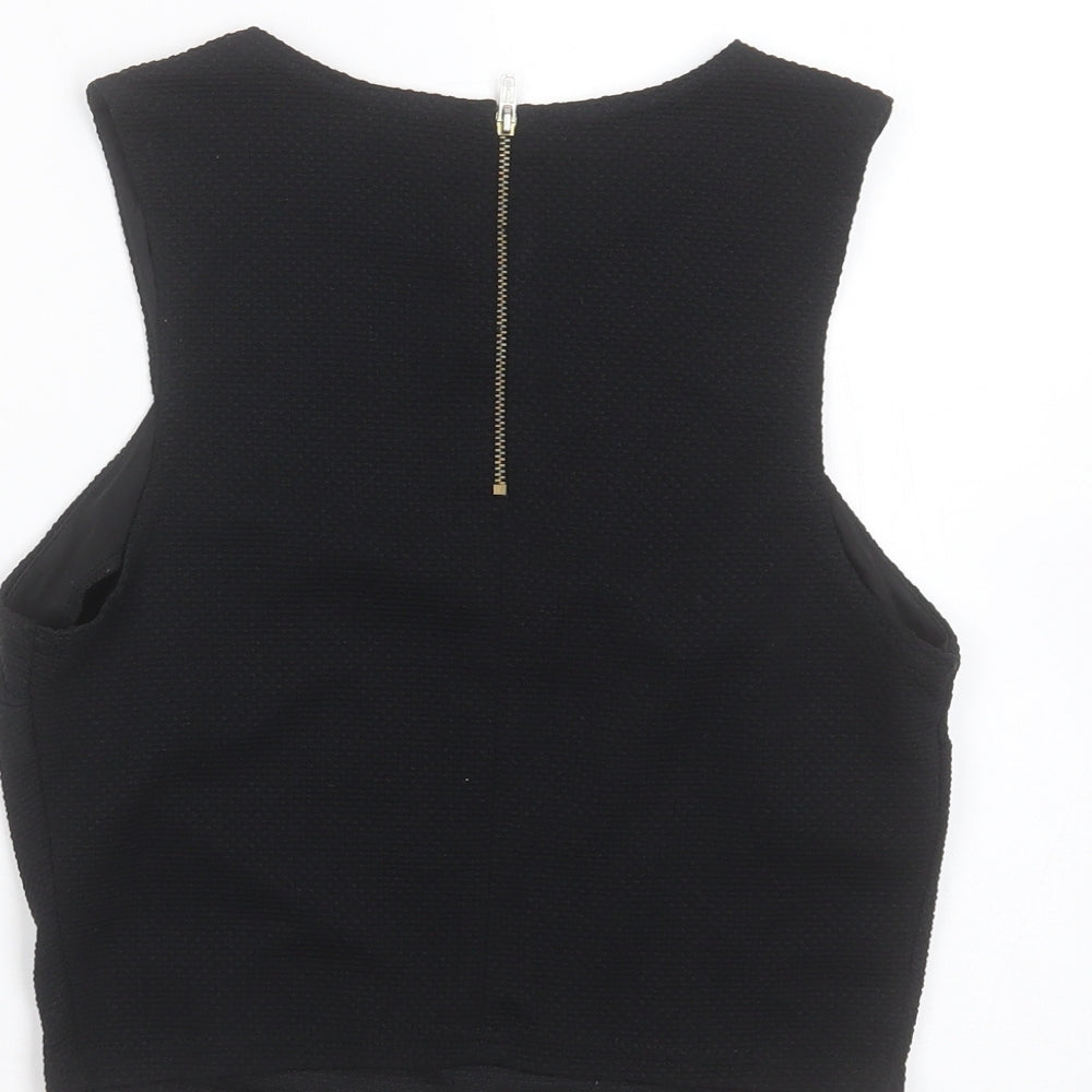 New Look Womens Black Geometric Polyester Cropped T-Shirt Size 10 Round Neck