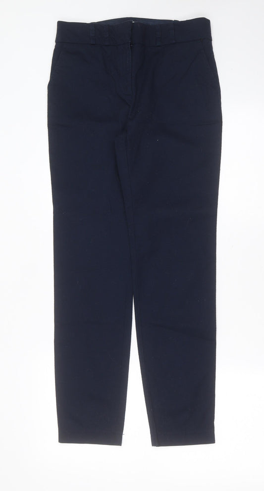 Front view of NEXT women’s blue geometric cotton trousers, size UK 8, 28-inch leg regular