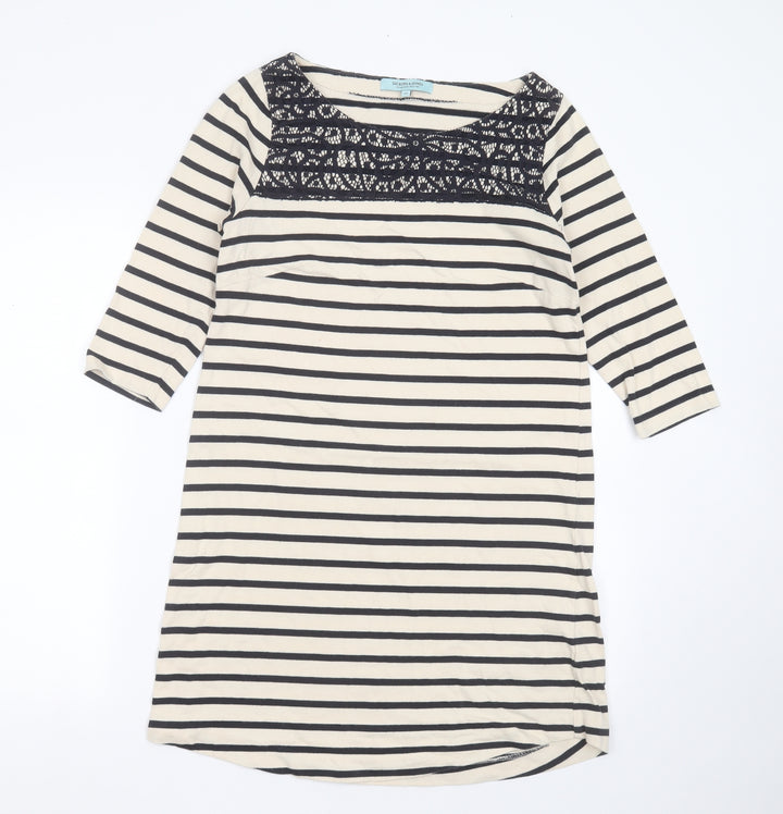 Dickins & Jones Womens Beige Striped Cotton T-Shirt Dress Size 10 Round Neck - Lace detail