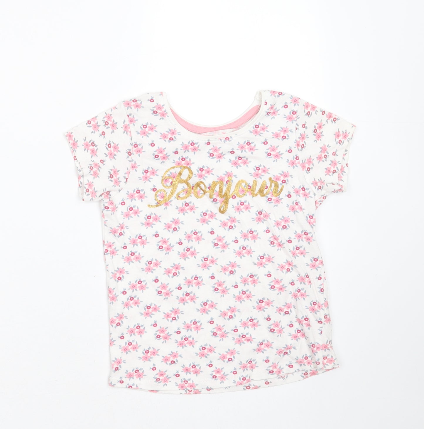 Primark Girls White Floral Cotton Basic T-Shirt Size 6-7 Years Round Neck  - bonjour
