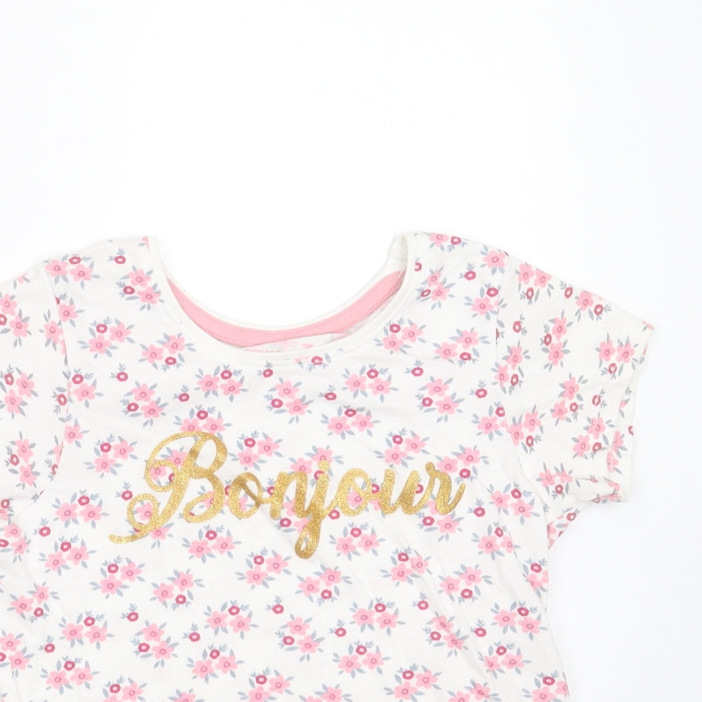 Primark Girls White Floral Cotton Basic T-Shirt Size 6-7 Years Round Neck  - bonjour