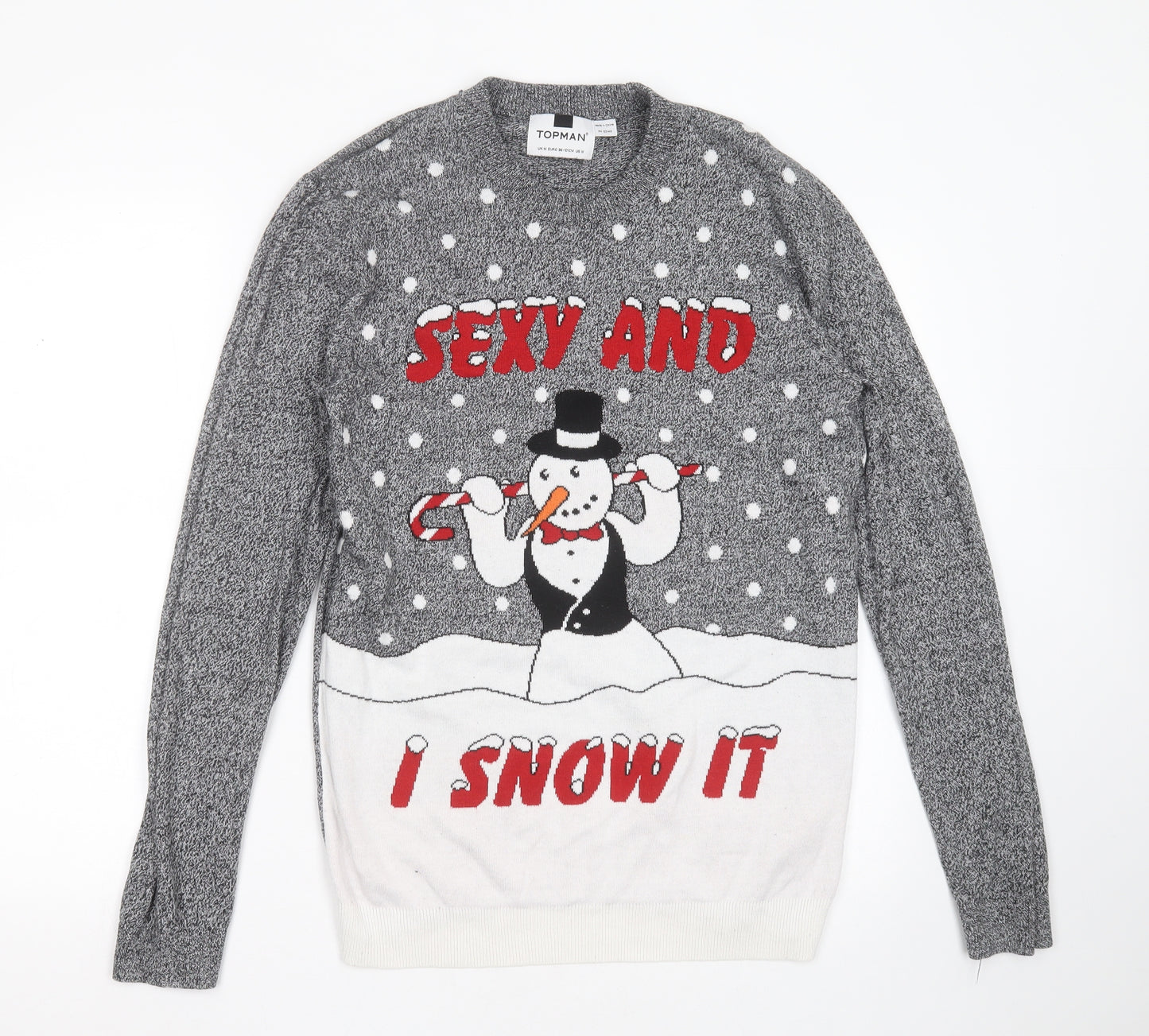 Topman Mens Grey Round Neck  Cotton Pullover Jumper Size M   - christmas jumper